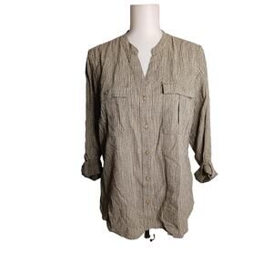 L.L.Bean Leaf Pattern Button Up Shirt Roll Cuff Sleeve Organic Cotton Blouse M